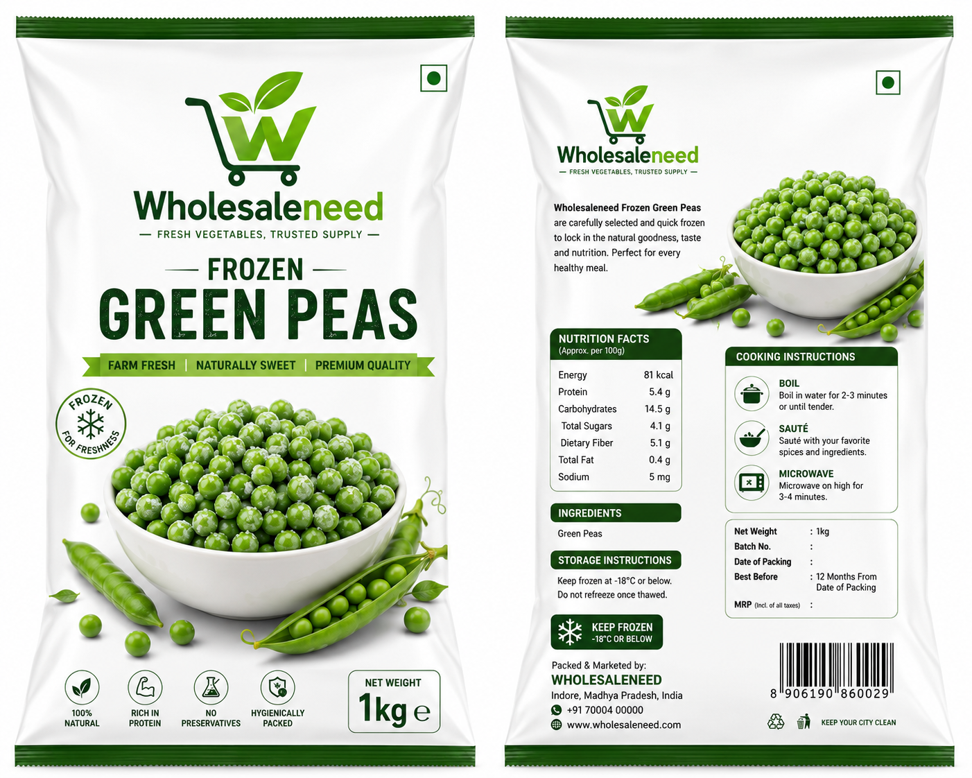 Frozen green peas 1kg pack